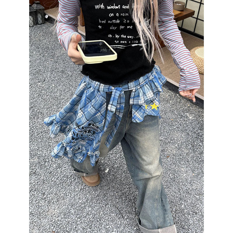 Tartan Wrap Skirt with Asymmetrical Hem & Detachable Sash - Versatile Layering Piece PL028