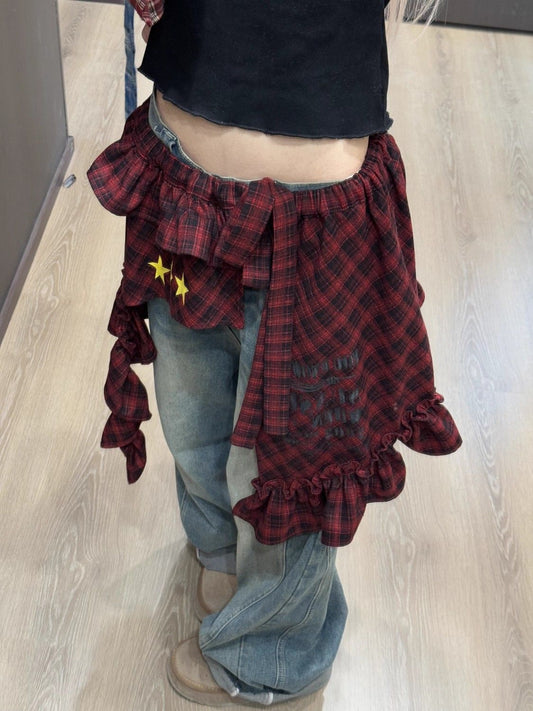 Tartan Wrap Skirt with Asymmetrical Hem & Detachable Sash - Versatile Layering Piece PL028