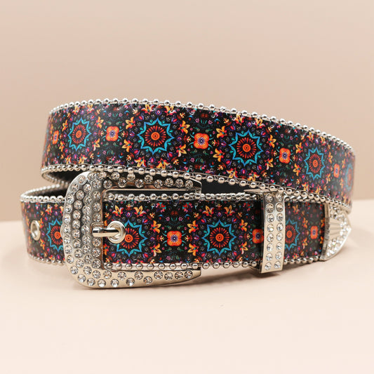 Vintage Print Punk Belt - A Versatile Rhinestone Accessory for Alt-Fashion YD004-4