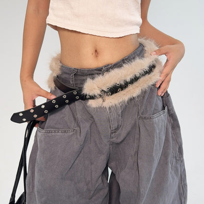 Faux Fur & PU Leather Wide Belt for Women, Baggy Jeans & Retro Coquette Style YD008