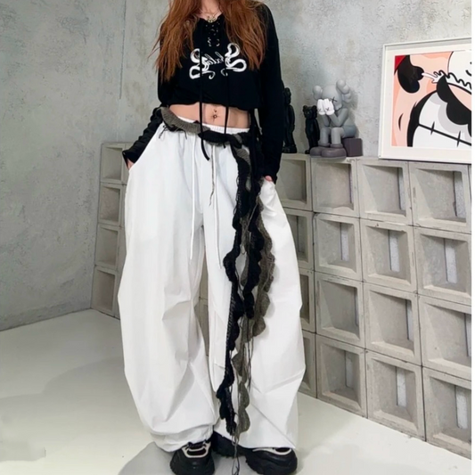 Spiral Knit Waist Belt - Two-Tone Fringe & Ruffle Detail, Versatile Scarf Wrap PL014