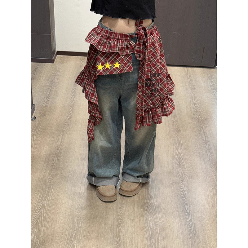 Tartan Wrap Skirt with Asymmetrical Hem & Detachable Sash - Versatile Layering Piece PL028