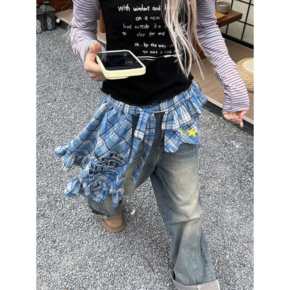 Tartan Wrap Skirt with Asymmetrical Hem & Detachable Sash - Versatile Layering Piece PL028