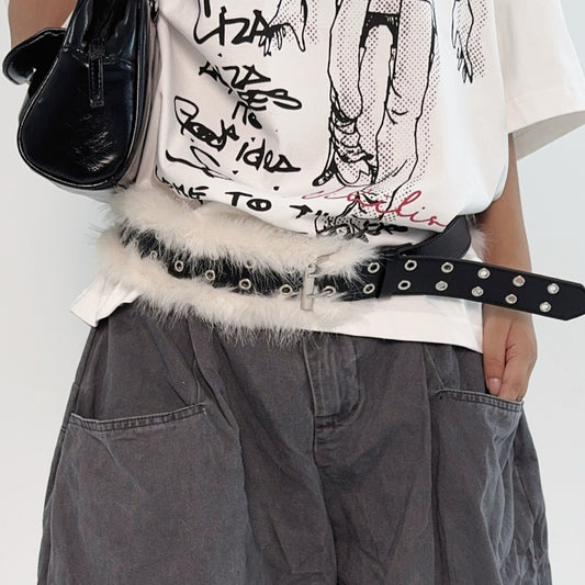 Faux Fur & PU Leather Wide Belt for Women, Baggy Jeans & Retro Coquette Style YD008