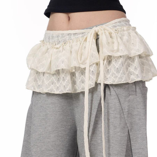 Lace-Trimmed Jazz Dance Waist Skirt - High-End Layering Piece with Detachable Fringe PL020