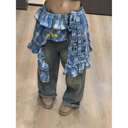 Tartan Wrap Skirt with Asymmetrical Hem & Detachable Sash - Versatile Layering Piece PL028