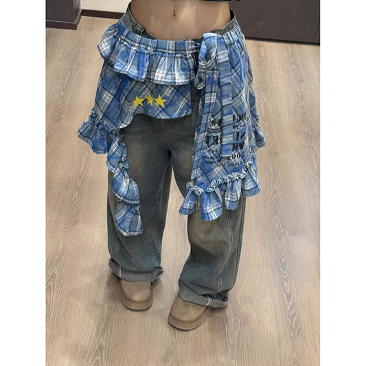 Tartan Wrap Skirt with Asymmetrical Hem & Detachable Sash - Versatile Layering Piece PL028