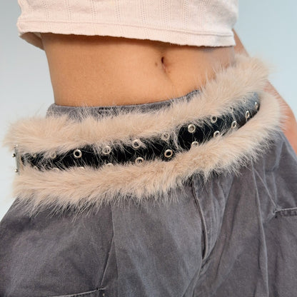 Faux Fur & PU Leather Wide Belt for Women, Baggy Jeans & Retro Coquette Style YD008