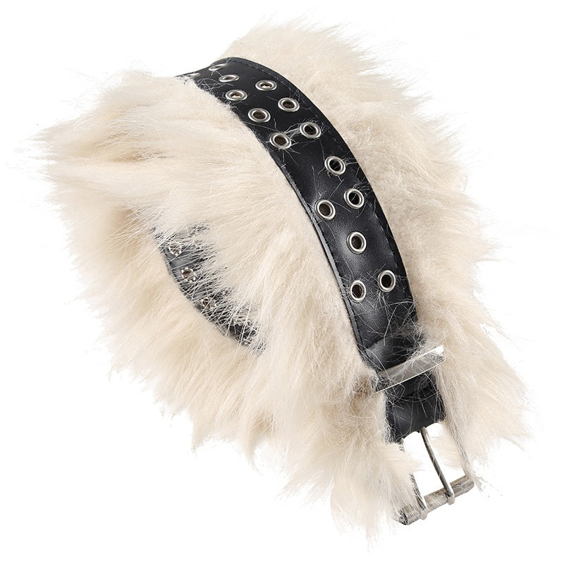 Faux Fur & PU Leather Wide Belt for Women, Baggy Jeans & Retro Coquette Style YD008