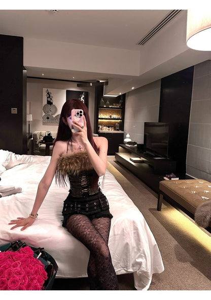 【Versatile Styling】Faux Fur Belt Women's PU Leather Patchwork Retro Niche Ins YD007