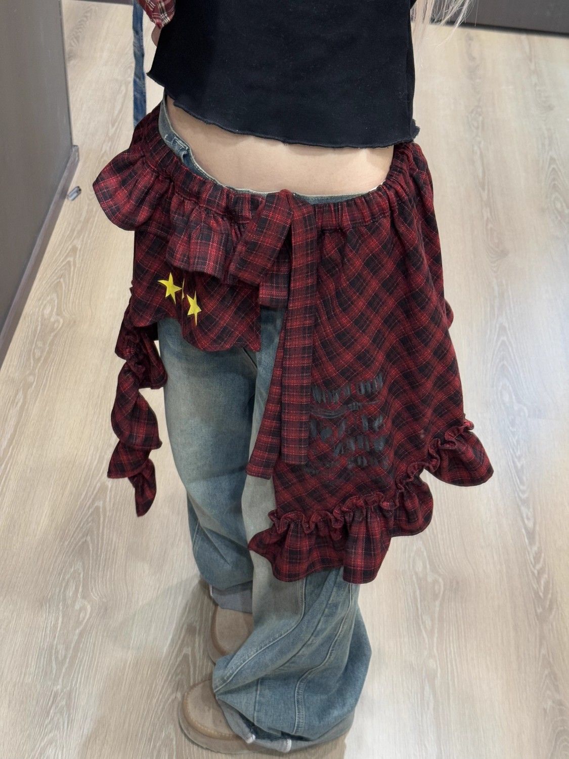 Tartan Wrap Skirt with Asymmetrical Hem & Detachable Sash - Versatile Layering Piece PL028