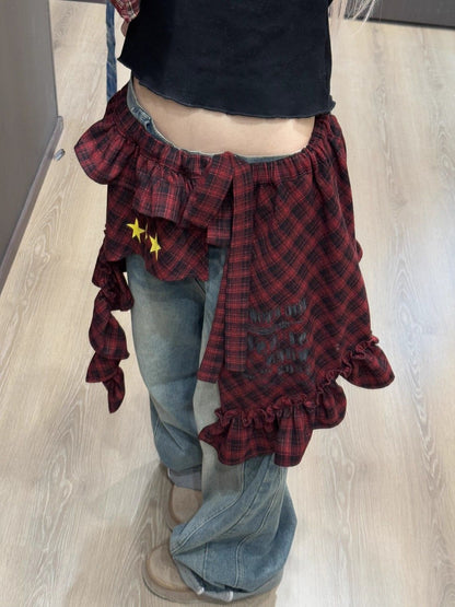 Tartan Wrap Skirt with Asymmetrical Hem & Detachable Sash - Versatile Layering Piece PL028