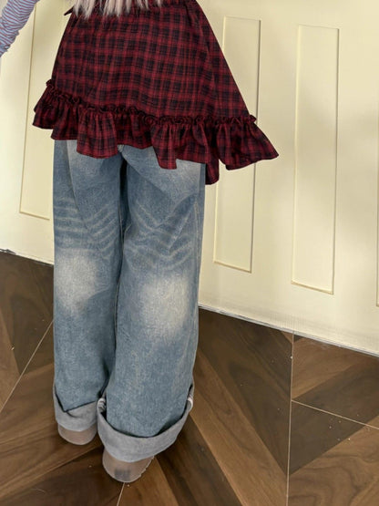 Tartan Wrap Skirt with Asymmetrical Hem & Detachable Sash - Versatile Layering Piece PL028