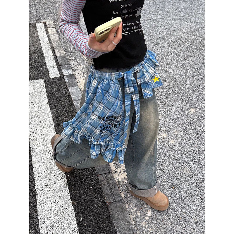 Tartan Wrap Skirt with Asymmetrical Hem & Detachable Sash - Versatile Layering Piece PL028