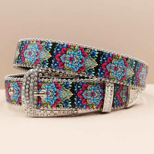 Vintage Print Punk Belt - A Versatile Rhinestone Accessory for Alt-Fashion YD004-4