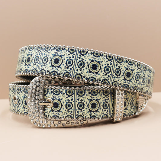 Vintage Print Punk Belt - A Versatile Rhinestone Accessory for Alt-Fashion YD004-1