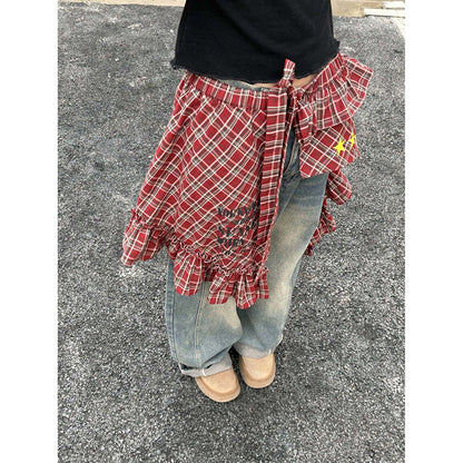 Tartan Wrap Skirt with Asymmetrical Hem & Detachable Sash - Versatile Layering Piece PL028